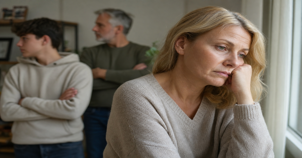 Een moeder kijkt weg terwijl haar tienerkind en partner op afstand blijven staan